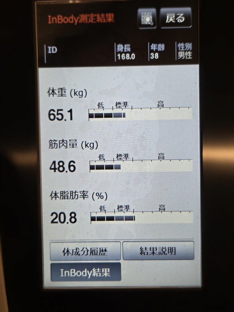 InBody測定結果（体重65.1kg・筋肉量48.6kg・体脂肪率20.8%）